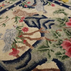 High-pile floral rug detail showing pink flowers, blue birds, green leaves, and navy blue border on a beige field.