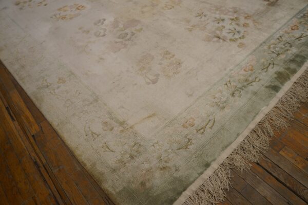 Distressed cream rug with faded floral patterns and fringe lies on dark wood flooring.