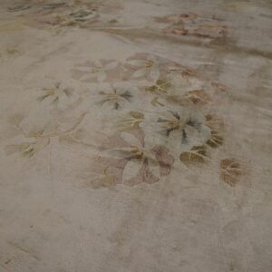 Low-pile beige rug with distressed floral patterns in pale pink and sage against a visible teal border.