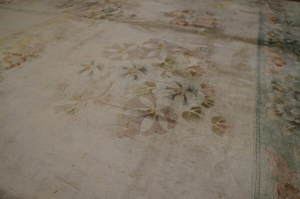 Low-pile beige rug with distressed floral patterns in pale pink and sage against a visible teal border.