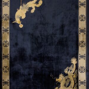 Navy rug with gold dragon design.