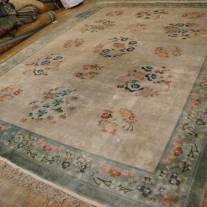 Beige area rug with scattered colorful floral clusters and a wide green border on distressed hardwood floors.
