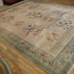 Beige rug with scattered pastel floral motifs and a wide sage green border on rustic wood flooring.