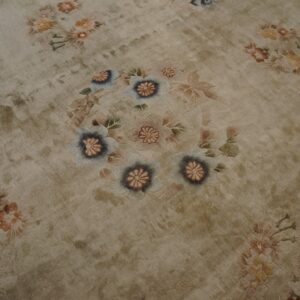 Beige high-sheen rug featuring scattered, embossed floral designs in muted blue, pink, and peach colors.
