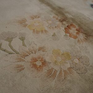 Beige area rug with carved floral designs in soft pink, pale yellow, terracotta, and olive green.