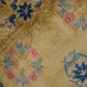 Plush beige rug with blue and pink floral elements inside a subtle geometric lattice.