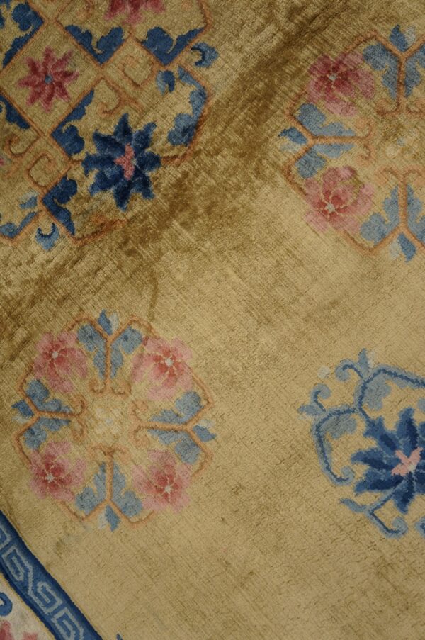 Plush beige rug with blue and pink floral elements inside a subtle geometric lattice.