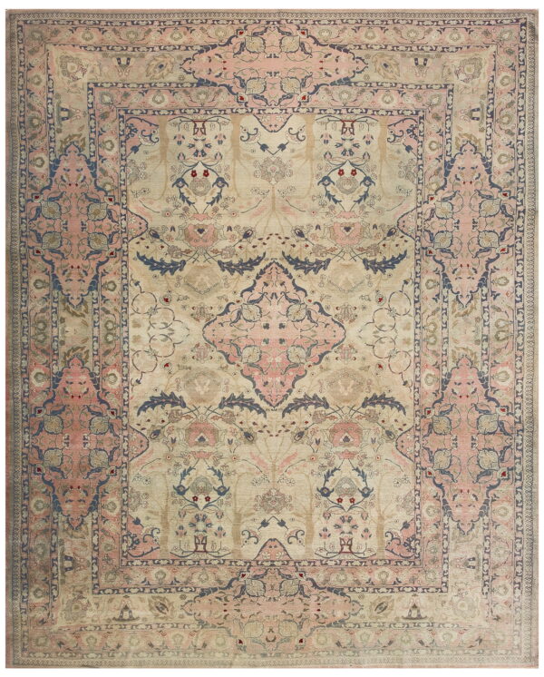 Muted traditional rug featuring a detailed symmetrical design and borders in beige, blush pink, and slate blue.