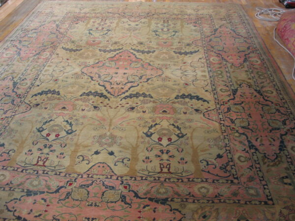 Ornate rug with a beige field, pink border, and blue botanical pattern covering most of a wood plank floor.