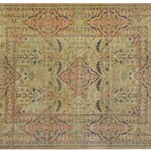 A distressed rug featuring a central medallion and botanical motifs in muted pink, beige, and dark taupe.
