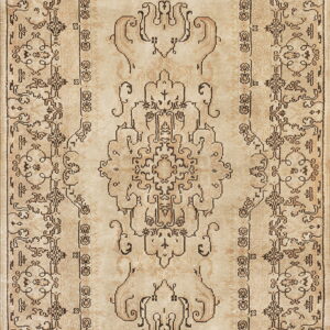 Distressed beige and taupe rug featuring a traditional central medallion design and detailed borders.