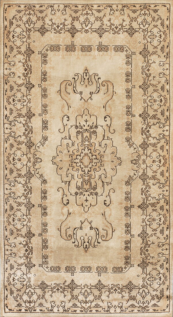 Distressed beige and taupe rug featuring a traditional central medallion design and detailed borders.