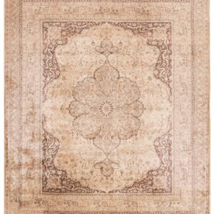 Traditional low pile rug in muted tan and brown with an ornate central medallion and complex borders.