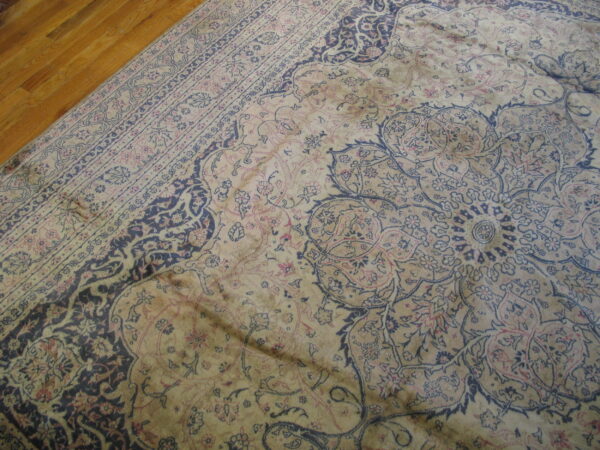 Faded beige rug featuring dark blue and pink traditional floral pattern next to polished wood planks.