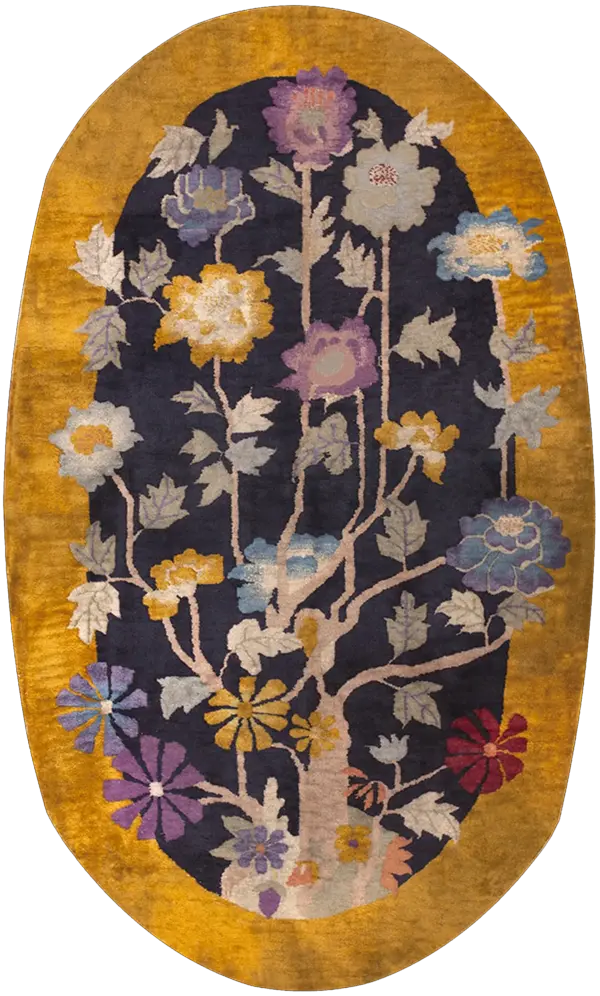 Small blue color antique floral chinese art deco oval shape scatter rug