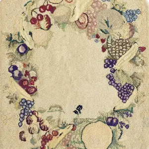 Antique Solid Ivory Open Field Small Oval Shape American Hooked Folk Art Rug by Rugs on Net