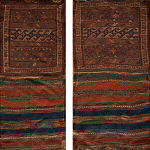 Two rug panels displaying geometric patterns and horizontal stripes in deep red, navy, and green.
