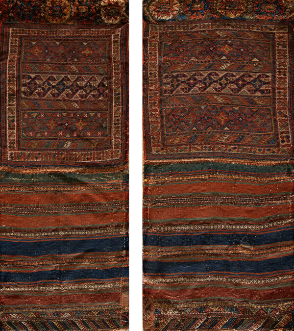 Two rug panels displaying geometric patterns and horizontal stripes in deep red, navy, and green.