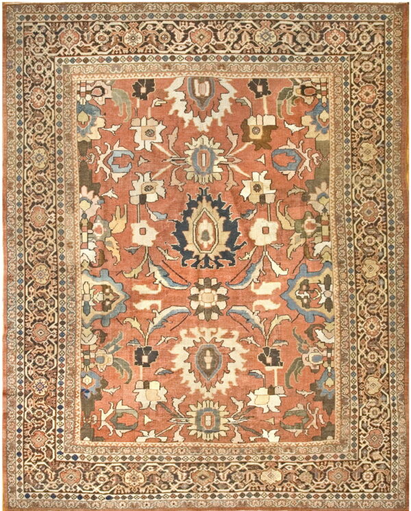 Ornate rug with a rusty red field, large cream and blue palmettes, and complex dark brown borders.