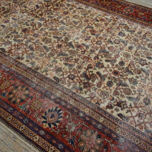 Beige rug with faded blue and red floral patterns and a wide red border on wood flooring.