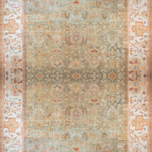 Muted sage green and beige traditional rug with a detailed contrasting cream border featuring terracotta and gold patterns.