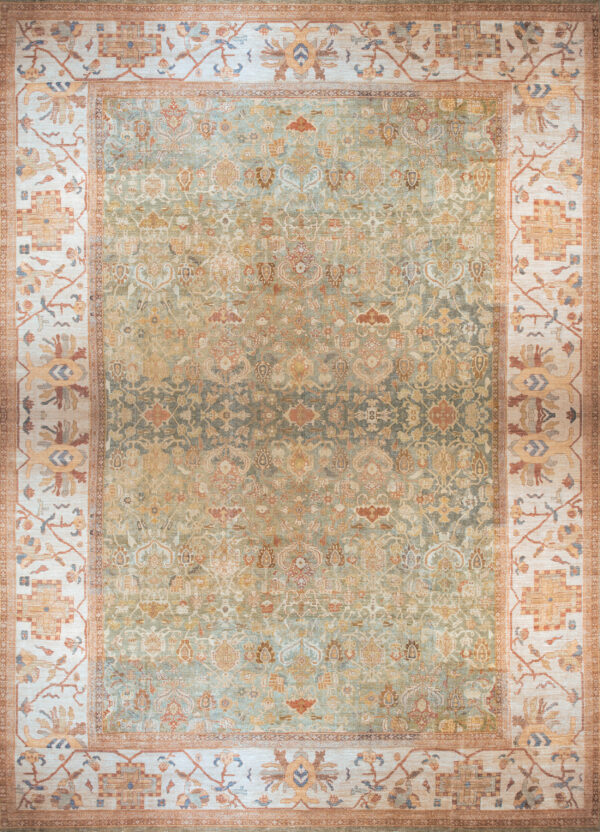 Muted sage green and beige traditional rug with a detailed contrasting cream border featuring terracotta and gold patterns.