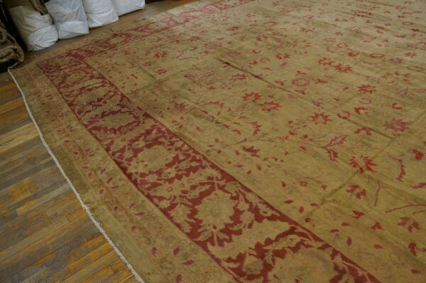 Low-pile gold rug with red floral patterns and a wide red border, displayed on distressed wood planks.
