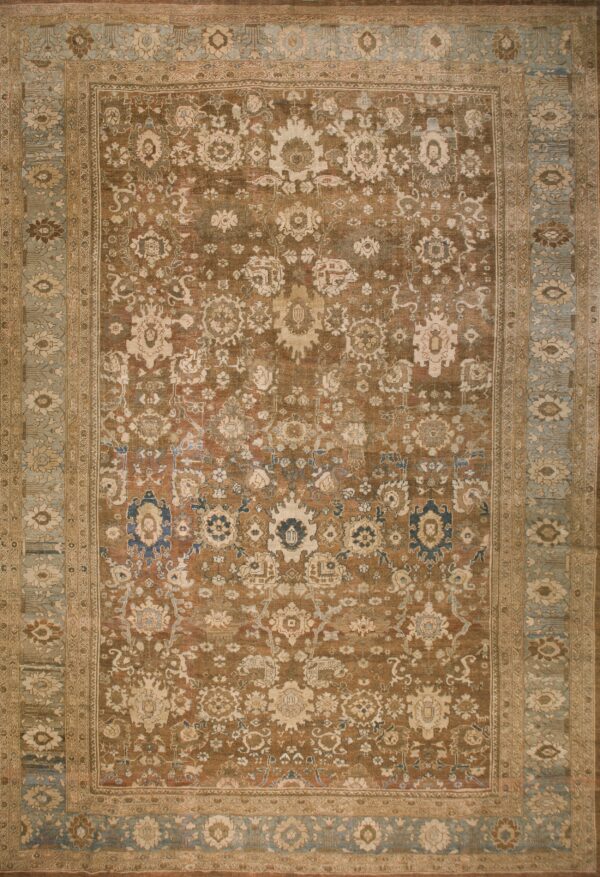 Decorative neutral brown earthy color tribal antique oversized persian sultanabad carpet