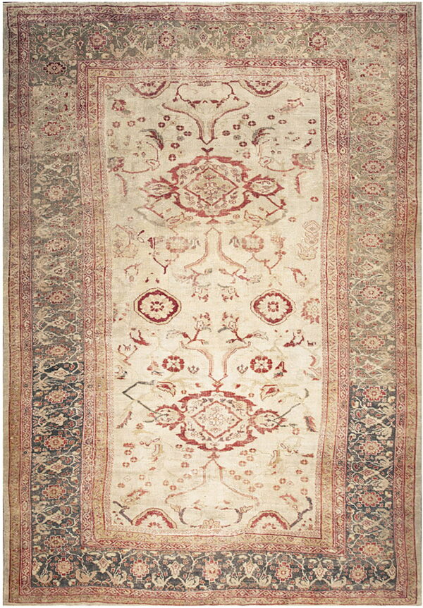 Low-pile rug with a cream field, faded red central motifs, and ornate slate-gray patterned borders.