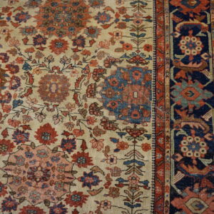Beige rug with intricate red and blue floral medallions and a navy border on light wood flooring.