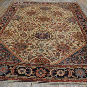 Cream rug with intricate floral designs, navy blue border, and terracotta accents on distressed wood floor.