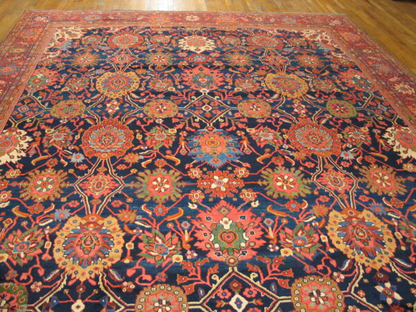 Navy and coral patterned rug with intricate floral designs covers a glossy hardwood floor.