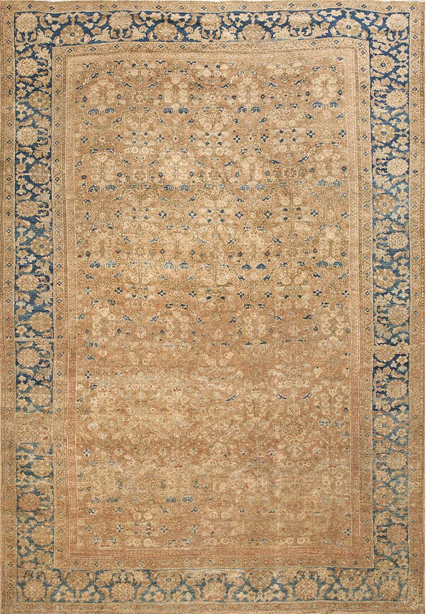Low-pile tan area rug with faded blue floral motifs and a distinct dark blue, patterned border.