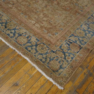 Faded tan rug with a detailed blue floral border lying on distressed wood floorboards.