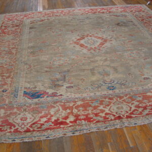 Faded traditional area rug with a beige field, coral red borders, and blue accents on wood plank flooring.