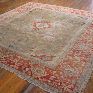 Low-pile traditional rug featuring a muted taupe field and wide reddish-orange borders on a wood floor.