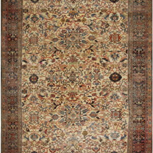Cream field rug featuring a dense pattern of muted red, blue, and yellow florals, surrounded by a wide dark border.