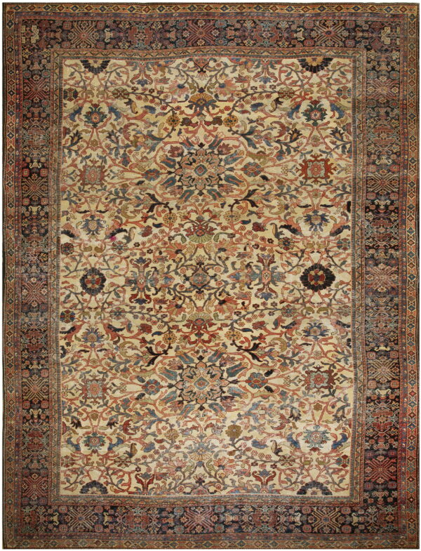 Cream field rug featuring a dense pattern of muted red, blue, and yellow florals, surrounded by a wide dark border.