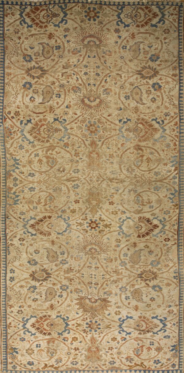 Distressed beige low-pile rug featuring a densely detailed floral pattern in blue and terracotta tones.