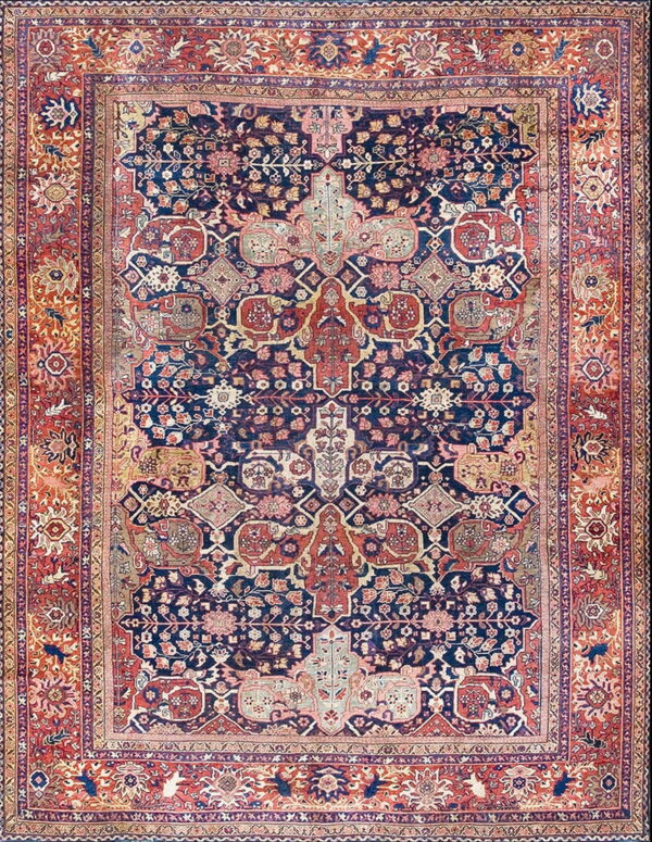 Detailed traditional rug featuring a dense floral navy blue center field and a complementary red-rust border.