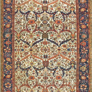 Ornate rug featuring a light cream field with detailed rust, navy, and brown floral patterns.
