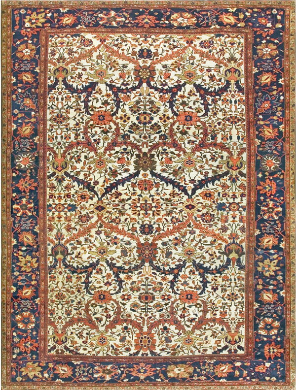 Ornate rug featuring a light cream field with detailed rust, navy, and brown floral patterns.