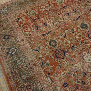 A muted orange and green patterned rug featuring an intricate border on distressed wood floors.