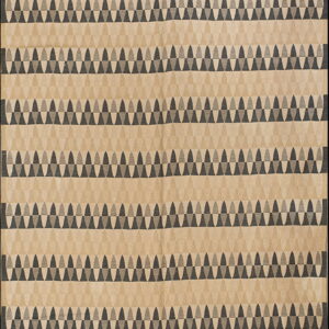 Tan rug with horizontal rows of black and beige geometric triangles, framed by a solid dark gray border.
