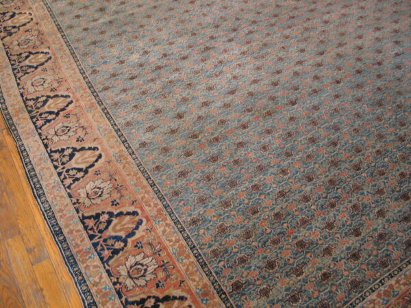 Teal and coral area rug featuring a dense repeating pattern and ornate border on visible hardwood flooring.