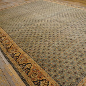 Large patterned rug in blue, rust, and gold with an ornate border lies on rustic wooden flooring.