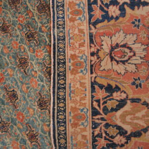 Teal repeating floral pattern contrasts with a thick coral and navy border with stylized motifs.