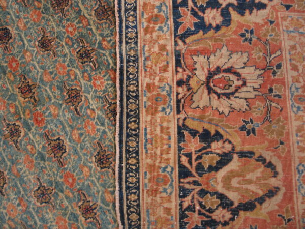 Teal repeating floral pattern contrasts with a thick coral and navy border with stylized motifs.