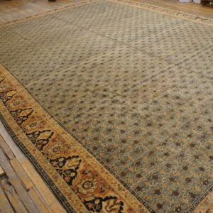 Large blue-green rug with a repeating motif pattern and wide orange and black decorative borders rests on rustic wood floors.
