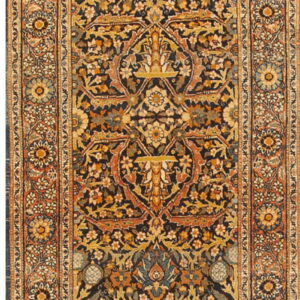 Dense botanical runner rug in navy, gold, and rust colors with complex beige floral borders.